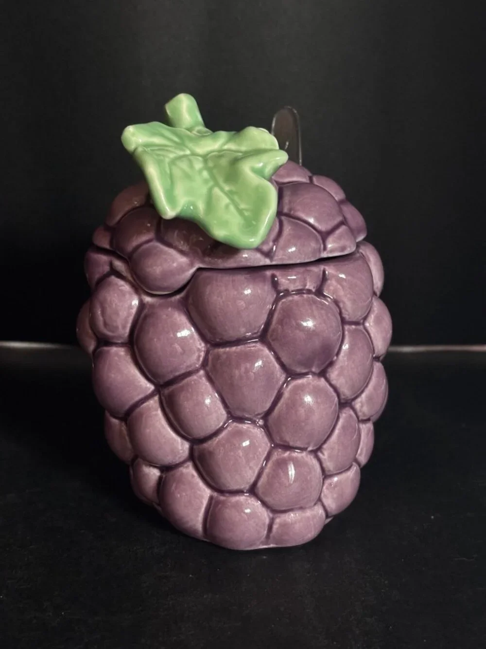 Ceramic Purple Grape Jam Sugar Jar With Lid Spoon Green Leaf Accent Vintage 80s